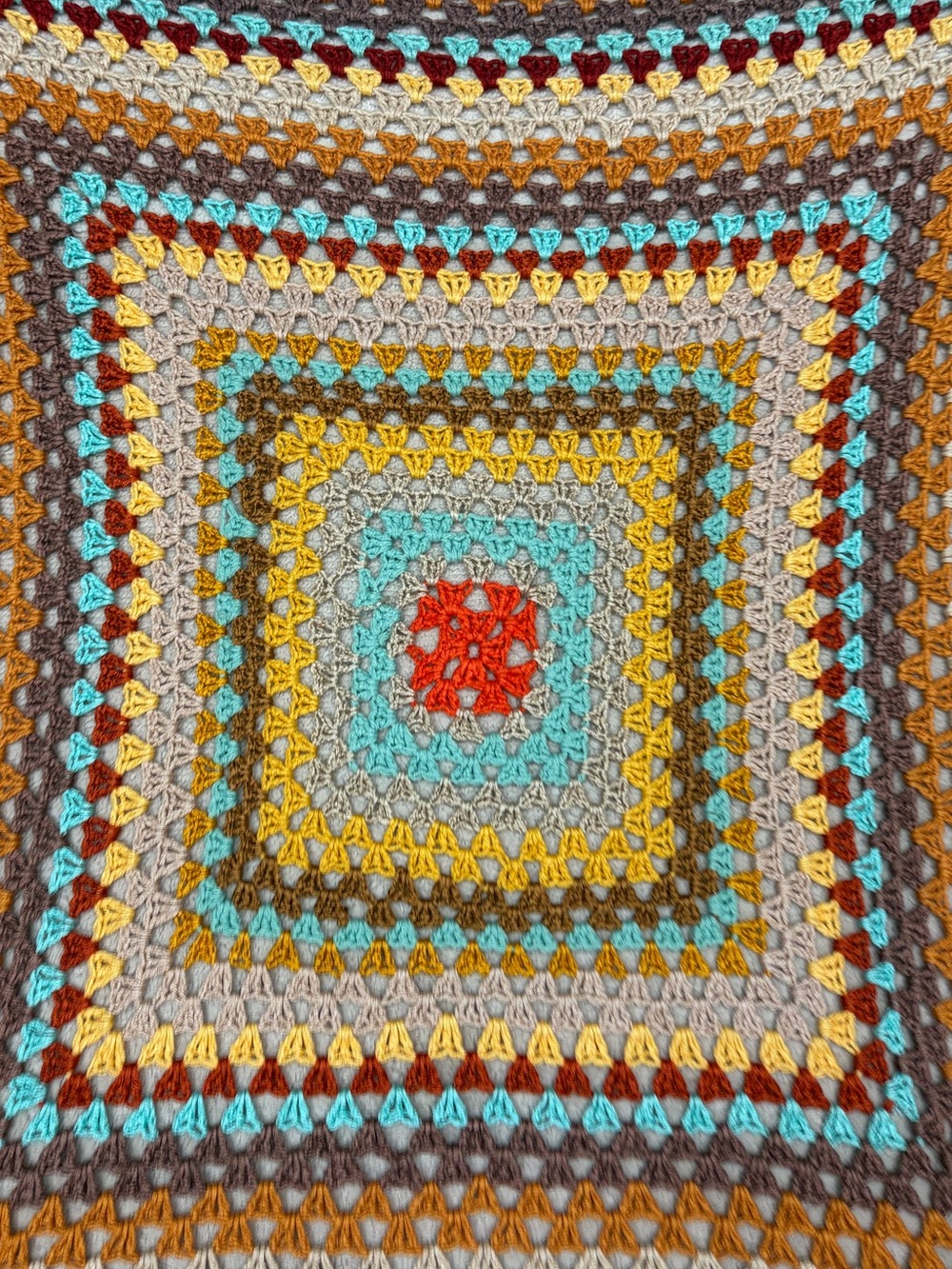 Handmade Crochet Granny Square Throw Blanket Colorful Boho, Teal, Mustard, Red